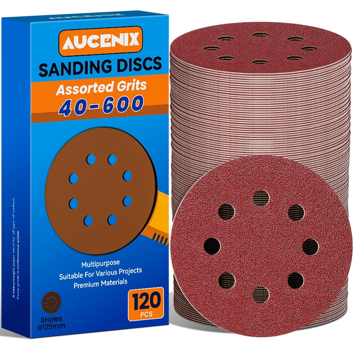 Aucenix 120PCS 125mm Sanding Discs: 8 Holes (40/60/80/120/150/180/240/320/400/600) Assorted Grits Sanding Pads - Hook and Loop Sandpaper Sheets for Random Orbital Sander for Wall Metal Wood
