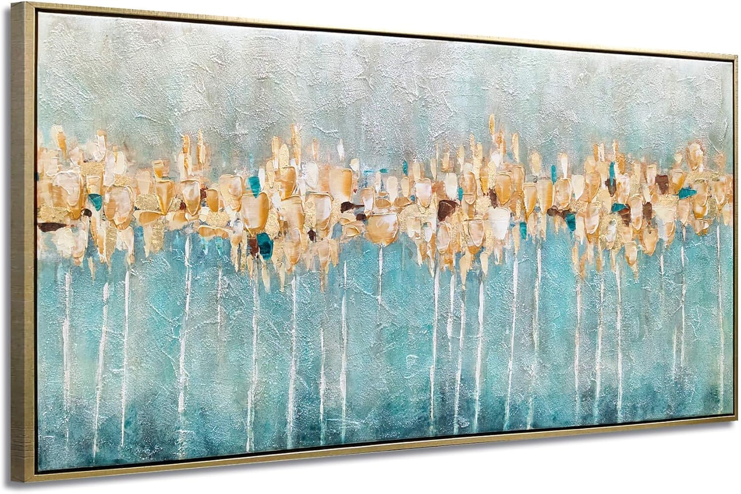 Paintings - Large Abstract Landscape Canvas Painting: Rustic Hand-painted Texturing Gold Foils Brushstroke Gray Artwork Golden Framed Wall Art for Office (48