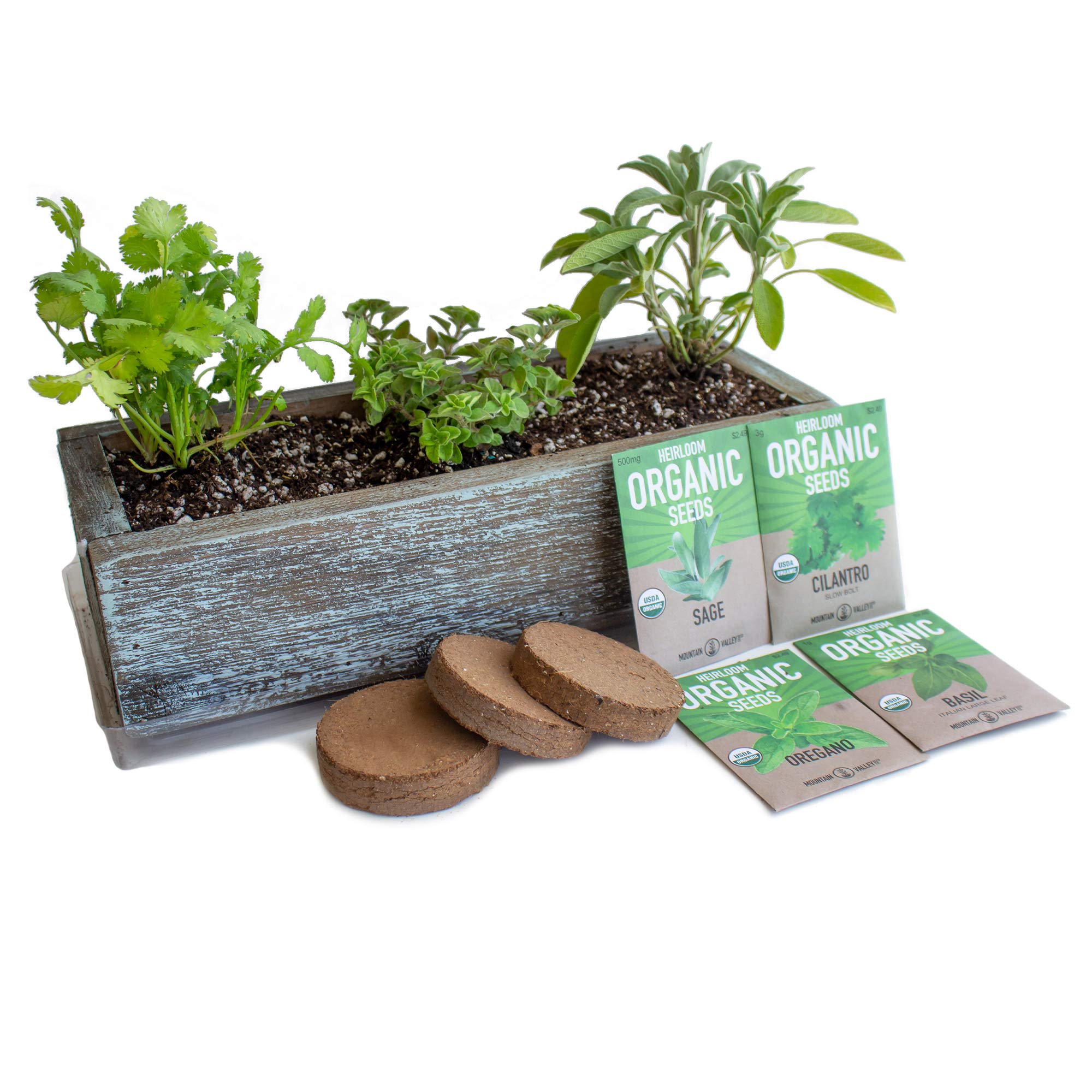 Culinary Indoor Herb Garden Kit with Reclaimed Barnwood Style Planter - Aged Brown - Grow Cooking Herbs - Non-GMO, Organic Seeds: Basil, Cilantro, Oregano & Salvia officinalis - Windowsill Gardening