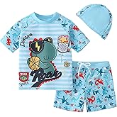 AIWUHE Toddler Boys Swimsuit Set Rash Guard Boys' Swimwear Two Piece Bathing Suit and Swim Trunk with Hat UPF 50+ 3-8Y