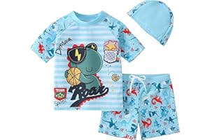 AIWUHE Toddler Boys Swimsuit Set Rash Guard Boys' Swimwear Two Piece Bathing Suit and Swim Trunk with Hat UPF 50+ 3-8Y