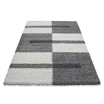 Hochflor Shaggy Teppich Rechteckig und Rund 3 cm Florhöhe Kariert Wohnzimmer, Farbe:Hellgrau, Maße:100x200 cm