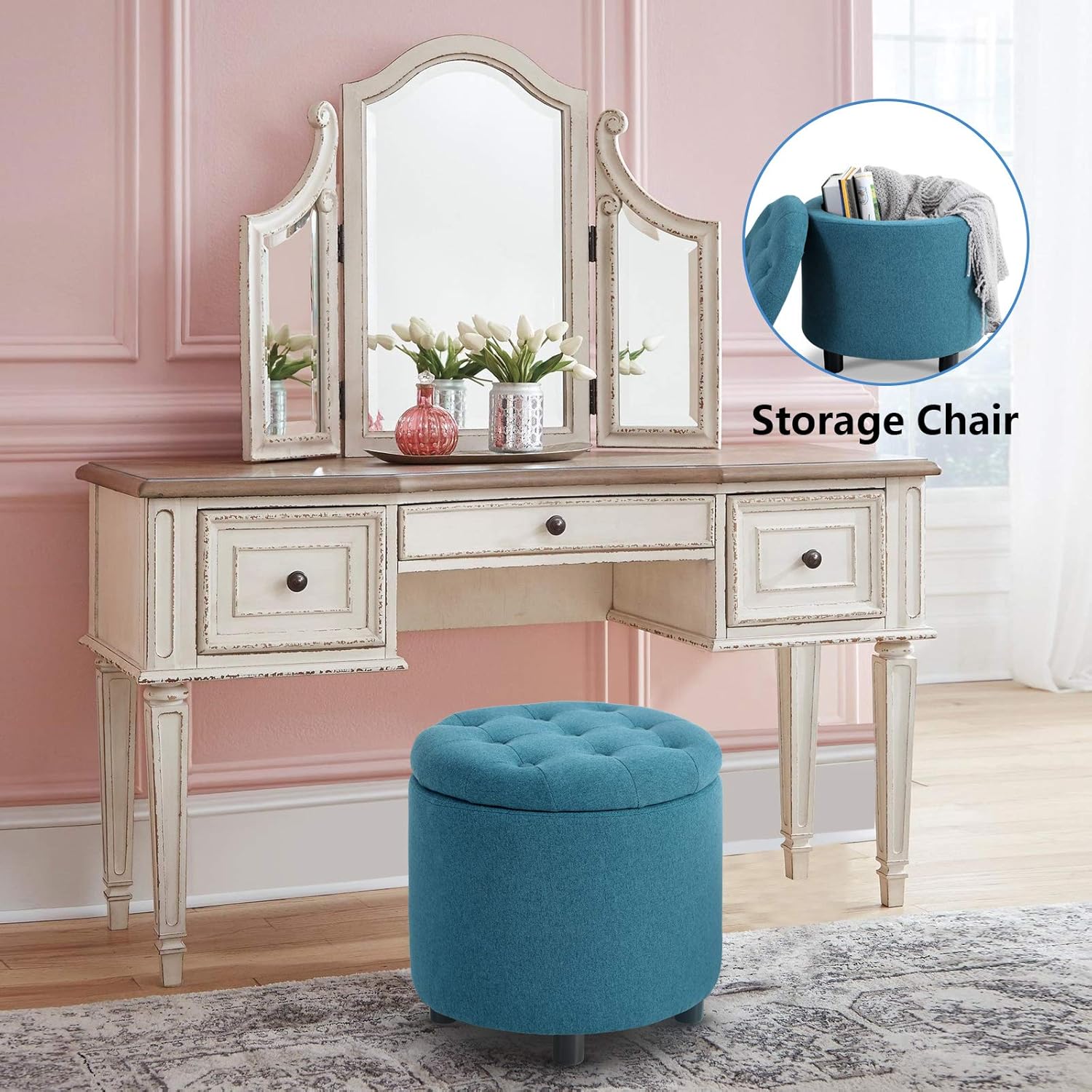 MAISON ARTS Round Storage Ottoman Foot Stool Vanity Stool Tufted Pouf Ottoman Side Table for Living Room Bedroom Seat Dressing Chair Footrest, 4 Legs, Blue: Kitchen & Dining