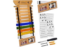 Optimus Depot Karate Belt Display Rack - Taekwondo Belt Display with Customization Stickers, 2 Picture Frames, Self-Adhesive Adjustable Strips & Hanging Kit Taekwondo Gifts
