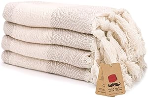 Bazaar Anatolia Turkish Hand Towels Set of 4 Bathroom Towels 39x19 inches 100% Cotton Bath Kitchen Towels with Hanging Loop Boho Farmhouse Decor Tan Taupe Cream - Diamond Beige