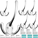 IBosins 6 Pack Big Heavy Duty Three Prongs Coat Hooks Wall Mounted with 24 Screws (Two Types of Screws Included) Retro Double Utility Rustic Hooks for Thick Coat, Big Heavy Bags (Matte Nickel)