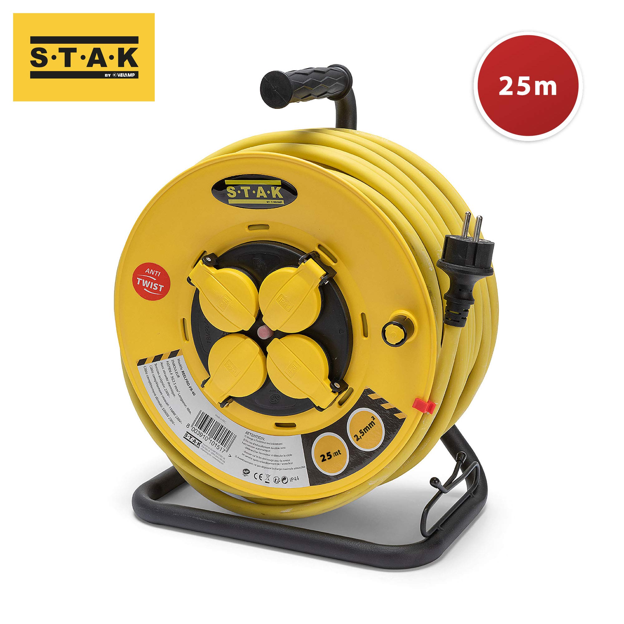 Stak REELPRO-FR-25 Kabeltrommel, professionell, feste Trommel, wasserfest IP44, 25 m langes Gummikabel 3G2,5 mm2 für Baustellen, Basteln, Garten 4 Steckdosen, Rahmen aus Stahl, Gelb 2