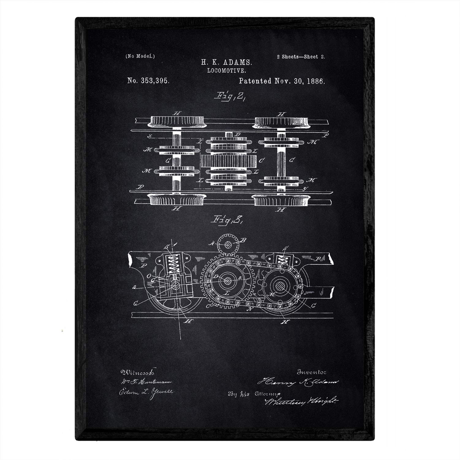 Nacnic patent Poster Locomotive 3. Foil with old design patent in A3 size with black background