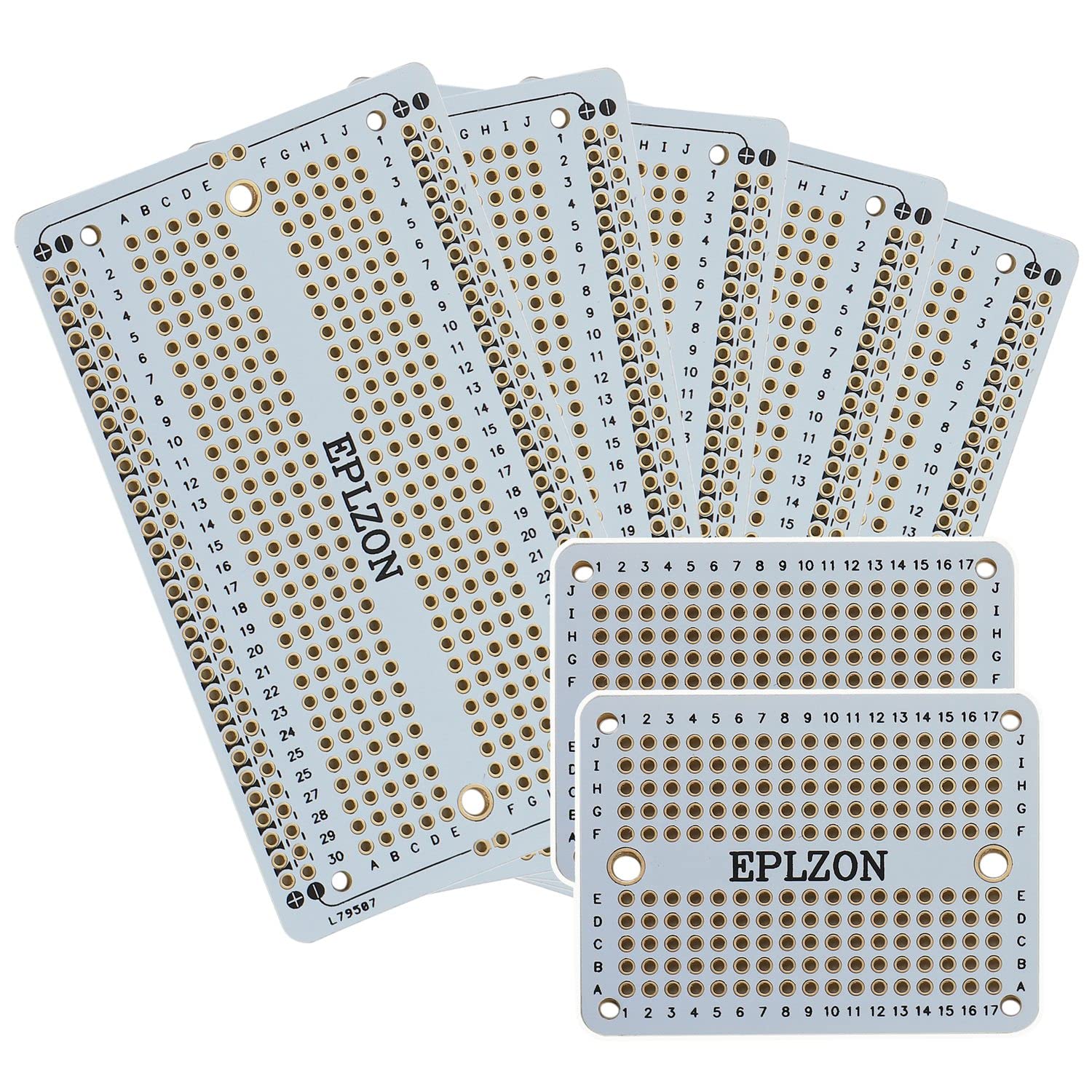 EPLZON Plated PCB Solder-able Breadboard for Electronics Projects Compatible with Arduino Soldering Projects 2.05"x3.5" (5 Pack + 2 Mini Board, white)