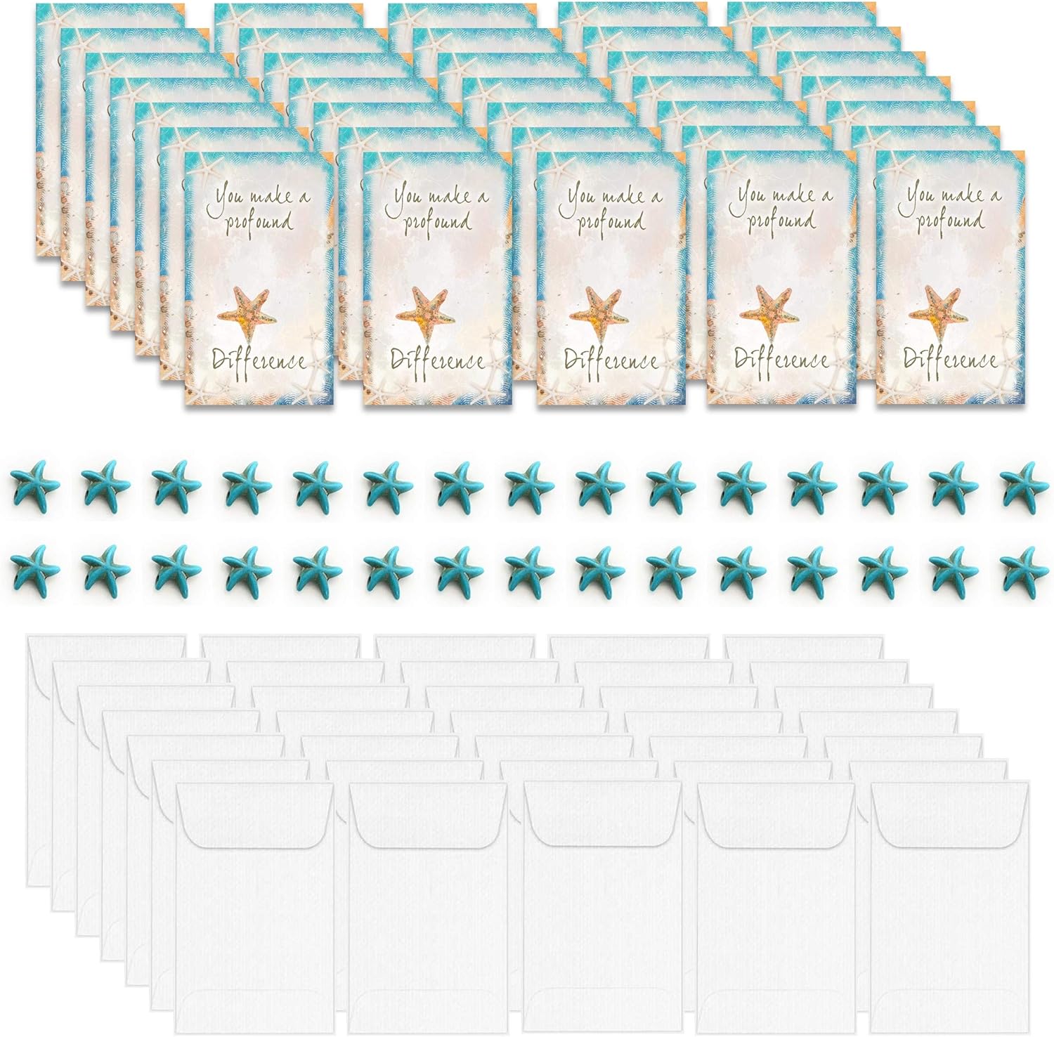 Smiling Wisdom - The Starfish Story Mini Keepsake Appreciation Cards With Envelopes and Turquoise Starfish Bead - Bulk 30 Full Color Folded Greeting Card Gifts - Notecards - Blue