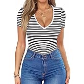 HOTOUCH Deep V Neck Tops for Women Sexy Low Cut Summer Ribbed Knit T Shirts Slim Fit Stretchy Basic Fashion Tee