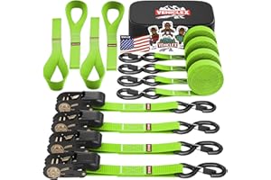 Vehiclex 4 Ratchet Straps Set (1" x 15', 2200lbs Breaking Strength) - Soft Loops, Coated S-Hooks, Comfortable Handle, Storage Bag - Tie-Down Straps for ATV, Motorcycle, Bicycle, Kayak, Cargo Securing