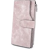 UTO RFID Wallet for Women PU Matte Leather Card Holder Organizer Zipper Coin Purse with Snap Closure Pink