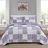Mybedsoul Purple Quilt Set Full Size, 3 Pieces Plaid Floral Bedspread Set Patchwork Reversible Bedding Set Microfiber Lightweight Bedspread Coverlet Set for All Season 78"x90"