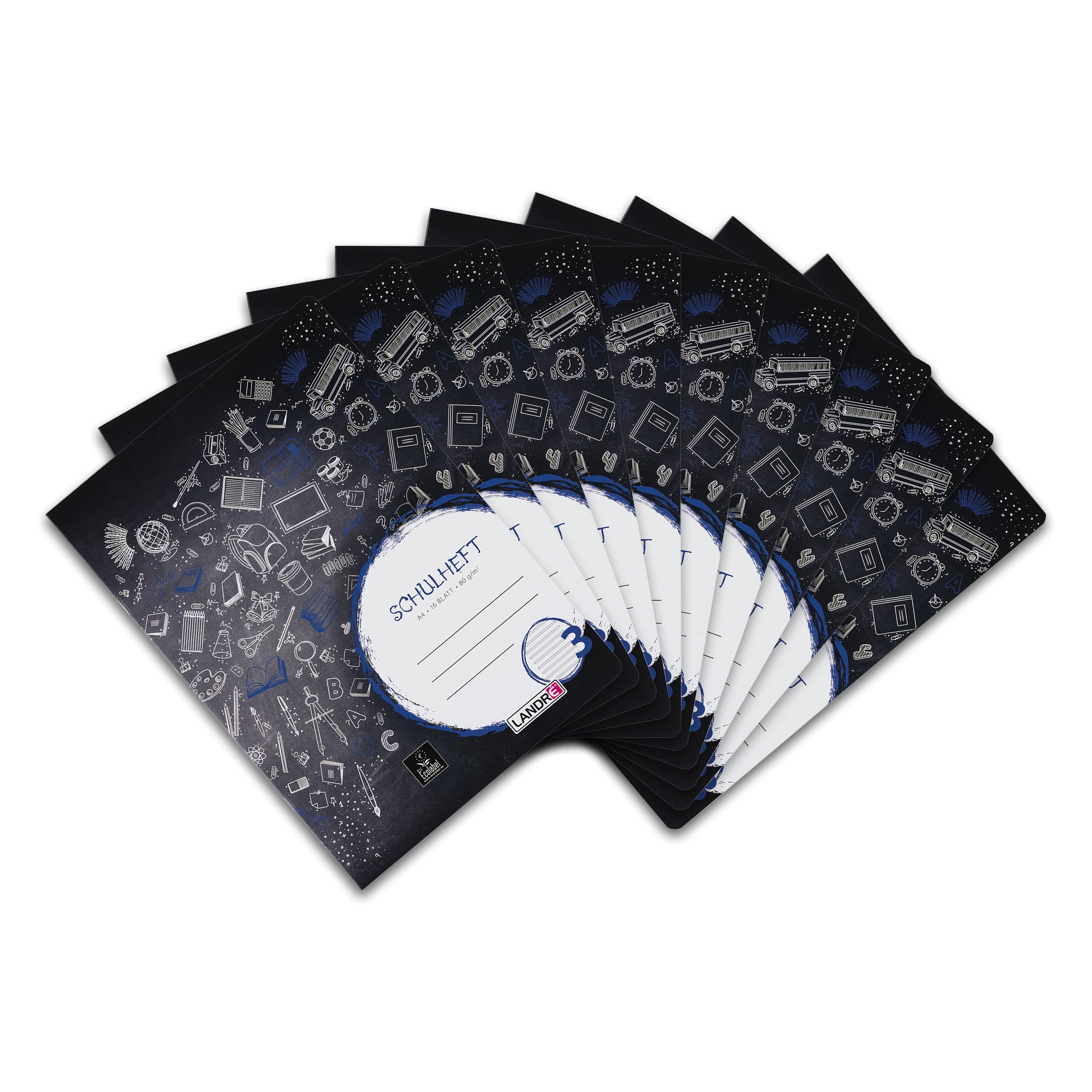 Landre 100050032 Exercise Book, A4, 16 Pages, Ruling Type 3, 80 GSM Fine, Wood-Free Writing Paper, Pack of 10, 3 Assorted Designs