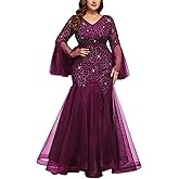 MISSMAY Women's Plus Size Sequins Lace V Neck Sheer Long Sleeves Tulle Mermaid Hem Evening Dresses