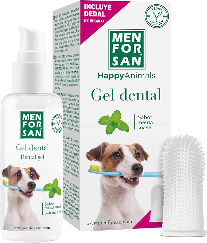 Gel dentário para cães | Gel Natural de Pasta de Dentes | Fresh Breath | Controla a Placa Dentária | Sabor a Hortelã | Inclui presente de dedal | 60 ml