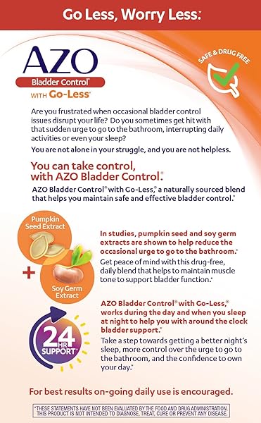 AZO BLADDER CONTROL WITH GO-LESS DAILY SUPPLEMENT | HELPS REDUCE OCCASIONAL URGENCY* | HELPS REDUCE OCCASIONAL LEAKAGE DUE TO LAUGHING, SNEEZING AND EXERCISE††† | 54 CAPSULES