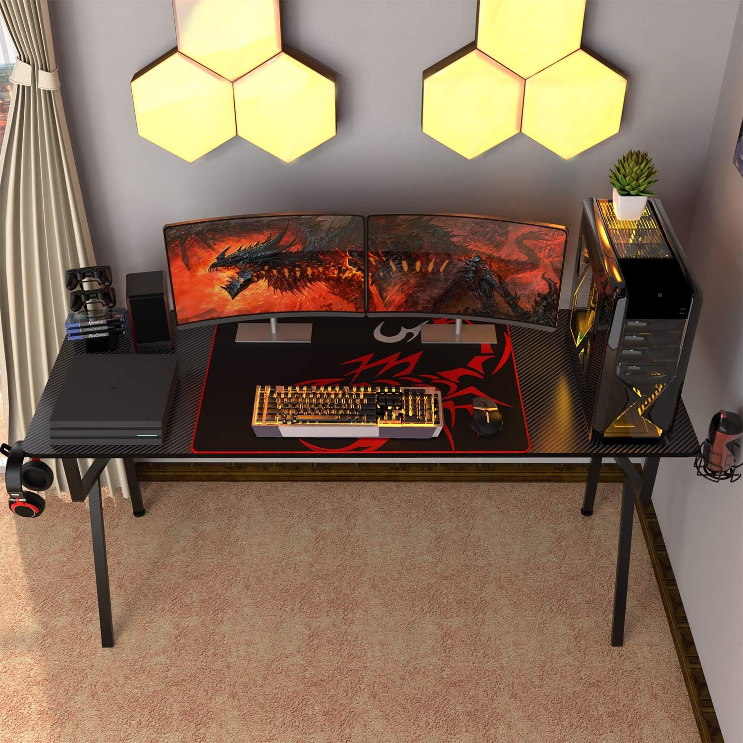 DESIGNA 63'' Gaming Desk, K-Shape Computer Desk with Free Mouse pad, Cup Holder& Headphone Hook & Controller Stand, Gamer Workstation for Home Office, Black: Kitchen & Dining