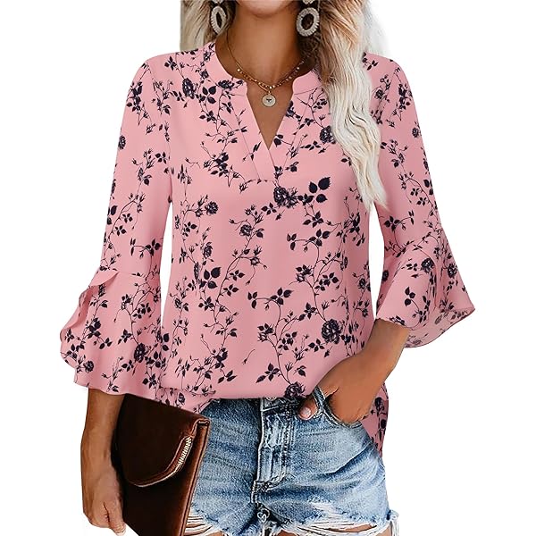 Amazon.com: Women's Bow Tie Neck Pink Floral Chiffon Blouse Top