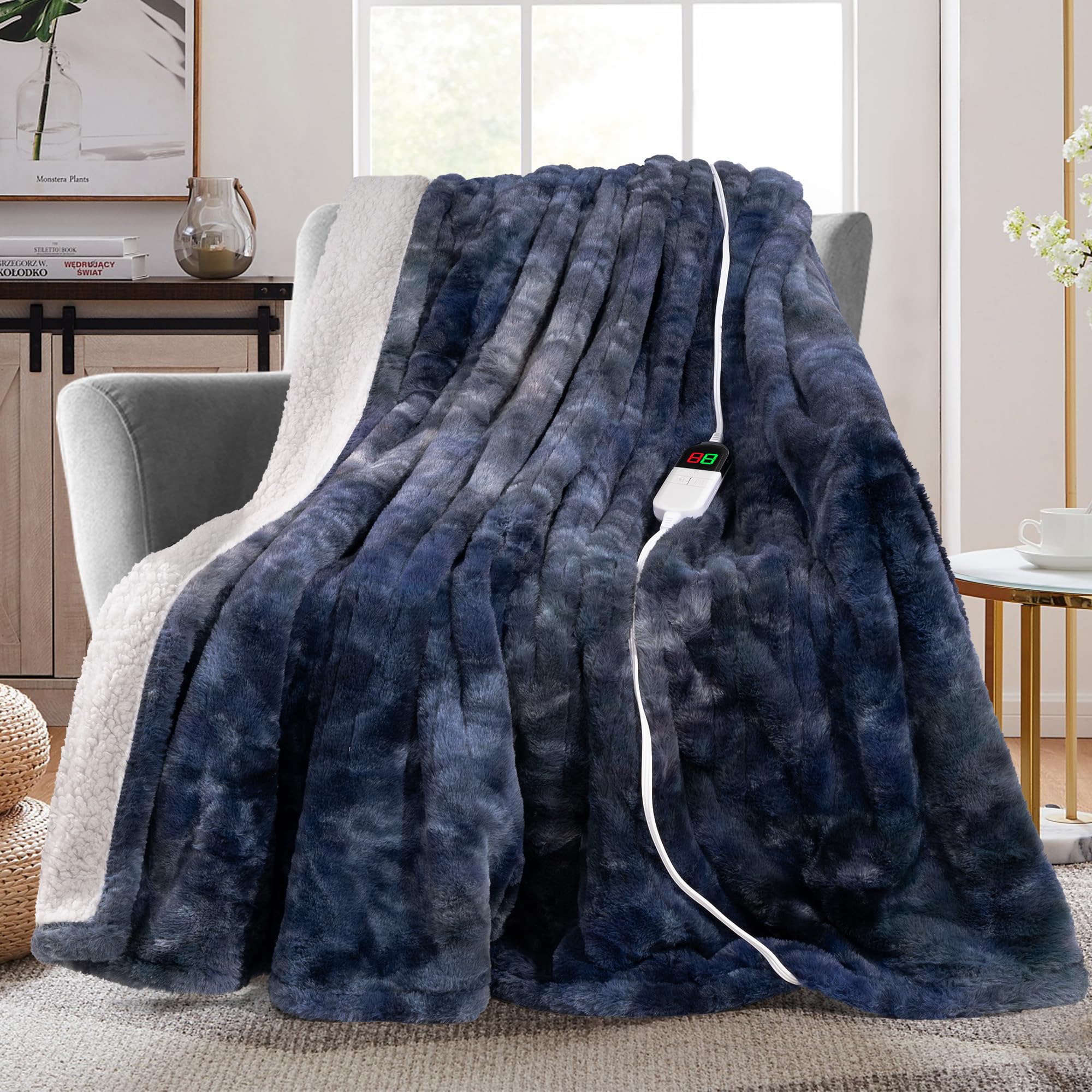 Photo 1 of MAXEVE Electric Heated Throw Faux Rabbit Fur Blanket with 8 Heating Levels & 8 Hours Auto Off, Fast Heating Warm Cozy Sherpa Washable Blanket with Over-Heat Protection, ETL Certification, Blue