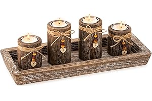 Farmhouse Coffee Table Decor Candle Holder - Romadedi Boho Wooden Tray with 4 Tealight Candles Holders for Tables Centerpiece Home Decorations Living Room Fireplace Kitchen