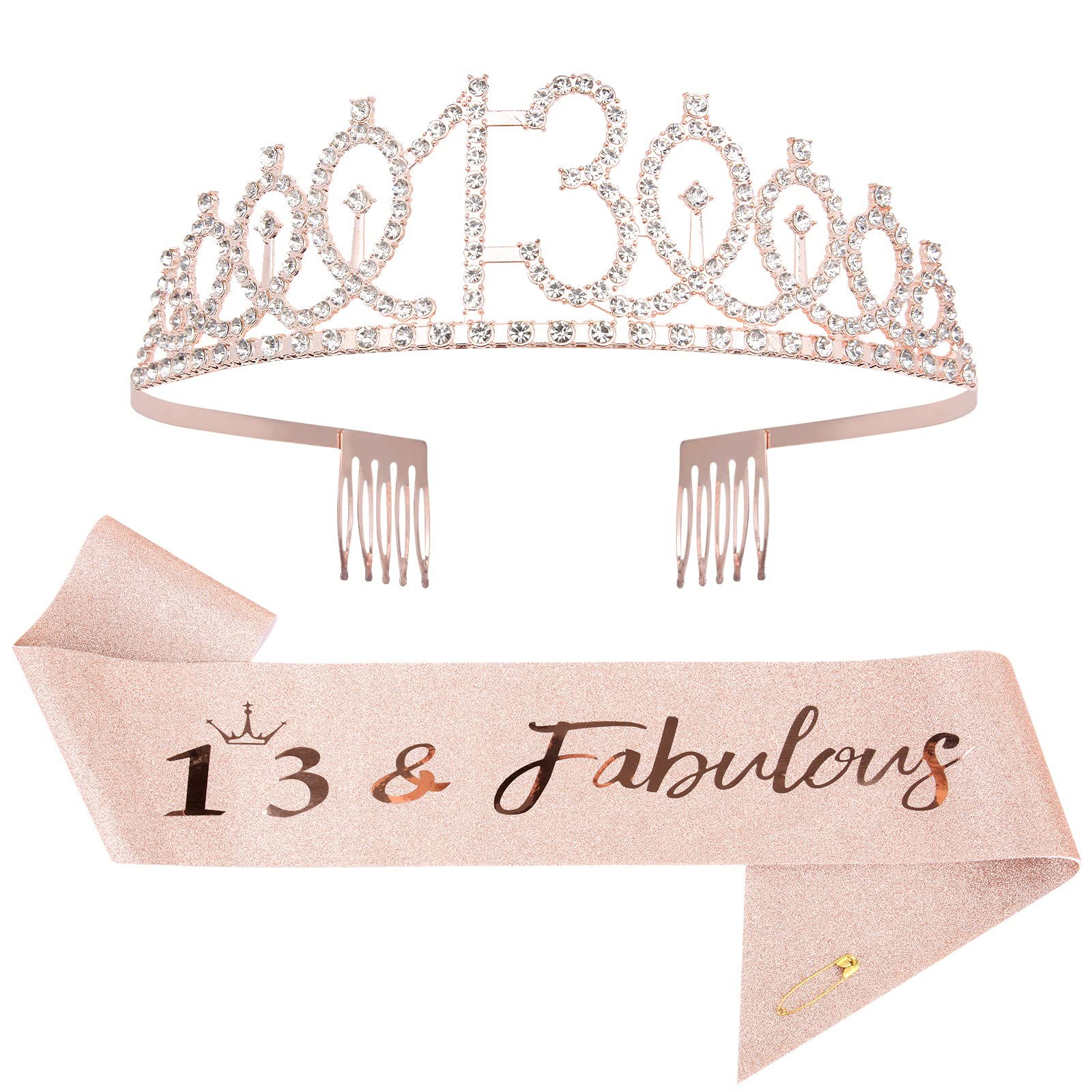 Mikccer Rose Gold 13th Birthday Sash and 13 Birthday Tiara, Rhinestone Crown Headband for 13th Birthday Gifts, 13th Birthday Decoration Party Accessories for Girls (De-02)
