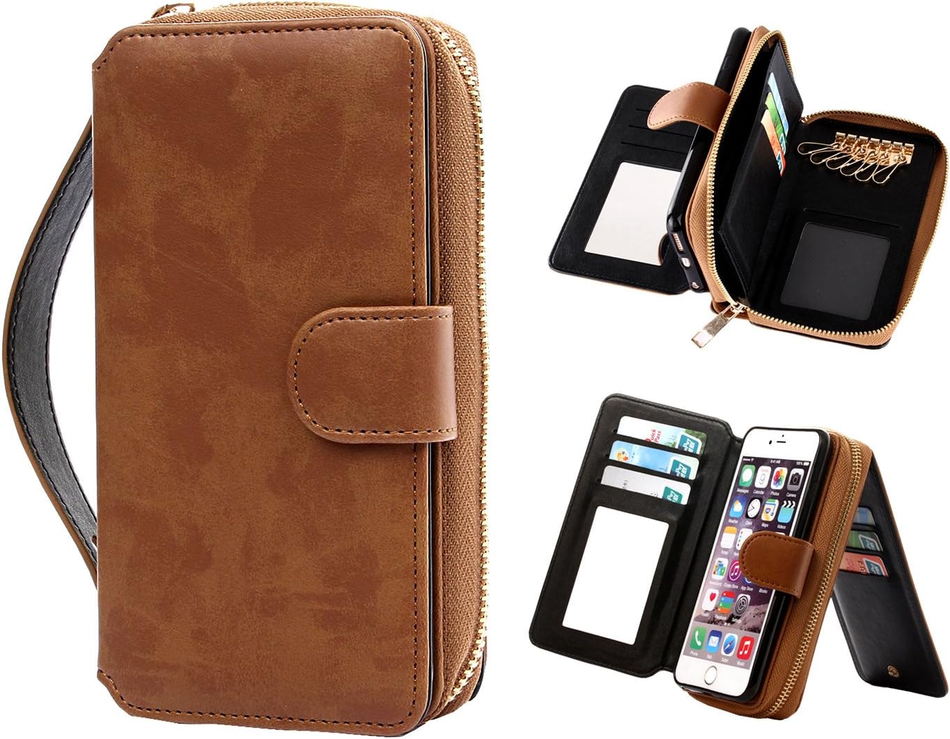 GMkiki iPhone 6s Case, Premium Mirror Keychain Design Zipper Wallet Pu Leather Detachable Magnetic Case Purse Folio Flip Credit Card Slots Cash Holder Cover for Apple iPhone 6/6s 4.7 Inch (Brown)