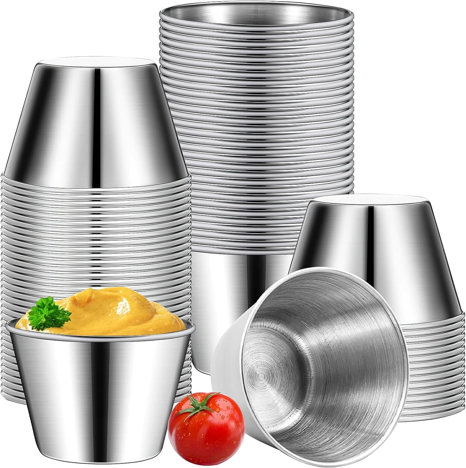 Xaztr 50Pcs Stainless Steel Sauce Cups, Small Condiment Cups Metal Sauce Dishes Dipping Portion Bowls Container for Barbecue Restaurant Home Party, 2.5 oz
