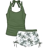 TALLWH Girls Swimsuit 2 Piece Halterneck Girls Tankini Swimsuit Drawstring Printed Swim Shorts Girl Bathing Suit for 7-18T