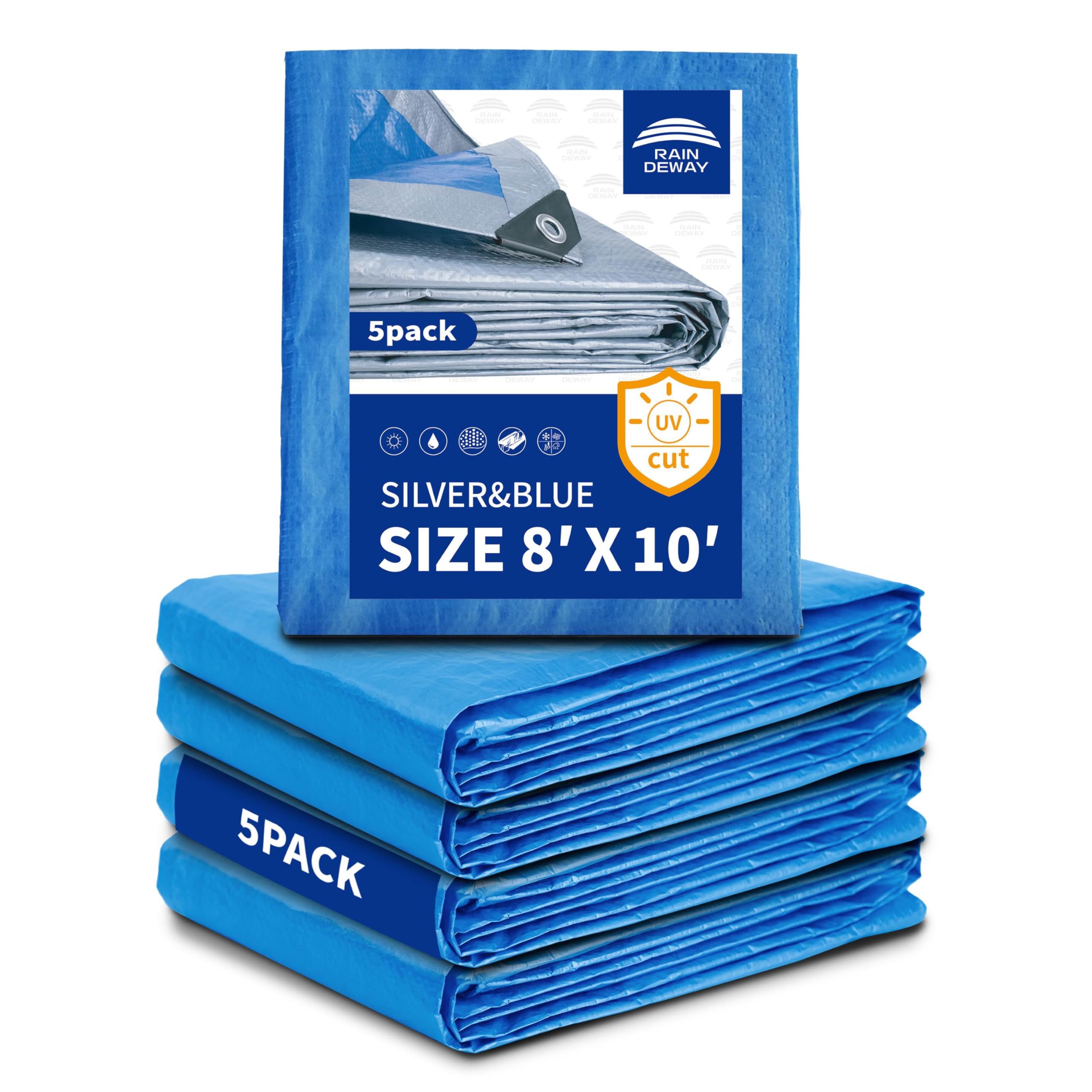 Photo 1 of Tarps 8x10 Feet (5 Pack) - 5.5 Mil, Multipurpose Waterproof Poly Tarp Cover with Metal Grommets and Reinforced Edges, Silver/Blue Tarp by RAINDEWAY