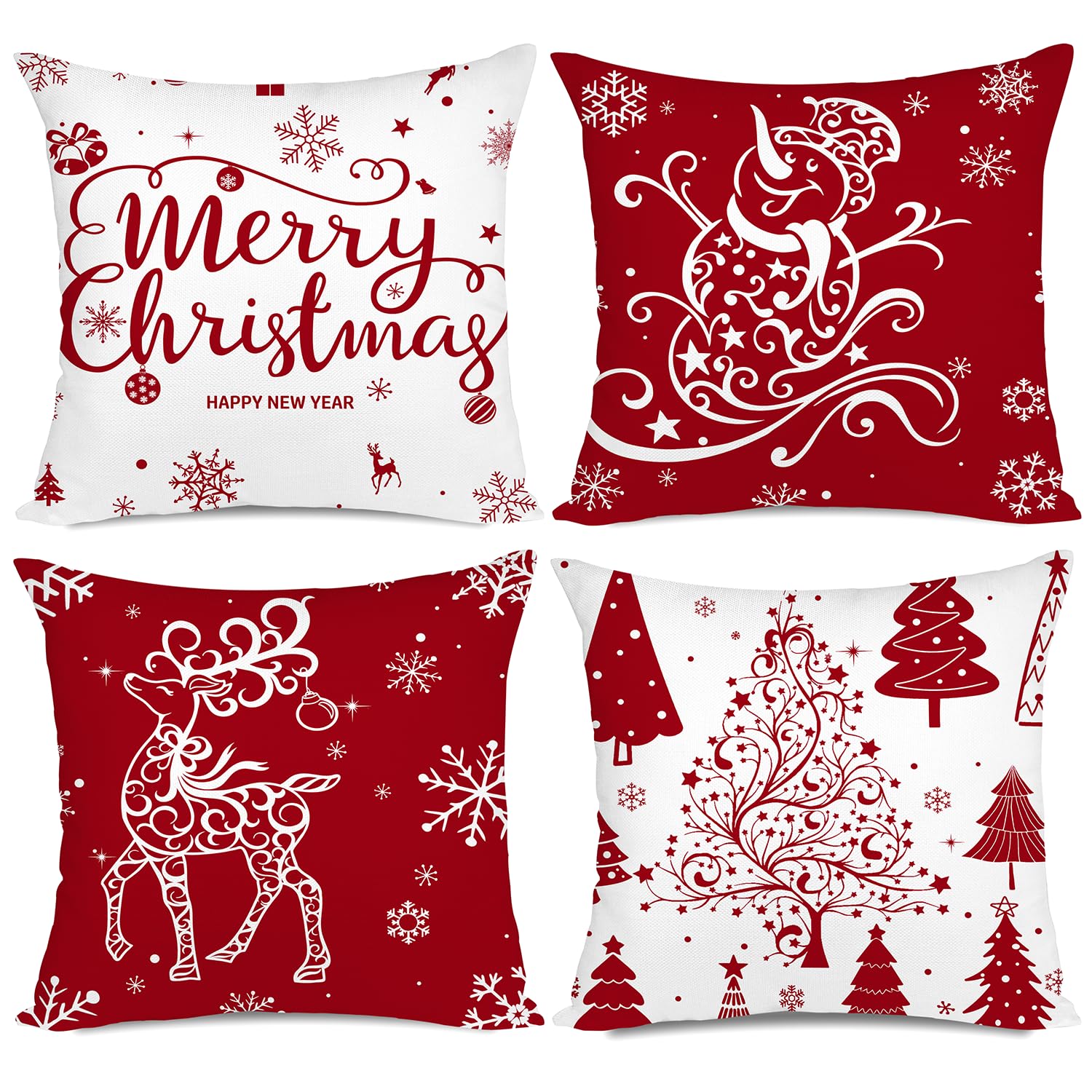 Miaikoe Christmas Cushion Covers 4 Pack 55x55cm Red Holiday Print Farmhouse Style Decorative Pillow Covers for Holiday Decoration