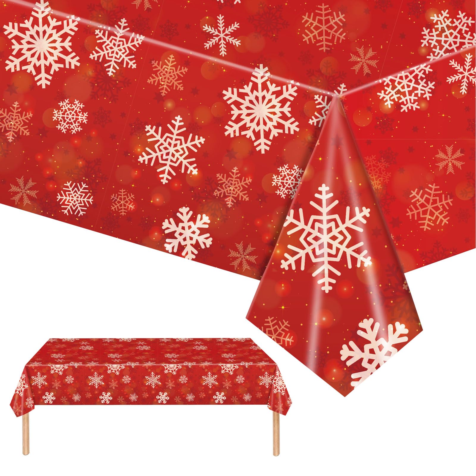2 Pack Christmas Tablecloths Plastic Rectangle Table Covers,137*274cm Red Glitter Snowflower Xmas Tablecloth Large Christmas Party Table Cloth for Christmas Party,Winter Holiday,Christmas Table Décor