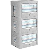 FHSQX 3 Pack Clothes Storage Bins with Metal Frame-36L | 15.7x11.8x11.8inch,Portable, Large Clear Window, Stackable, Durable Handles, Foldable, Linen Fabric
