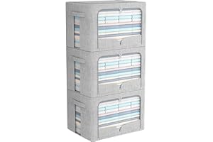 FHSQX 3 Pack Clothes Storage Bins Foldable Metal Frame Storage Box Stackable Linen Fabric Organizer Set with Carrying Handles and Clear Window (Light Gray, 15.7x11.8x11.8inch(36L))