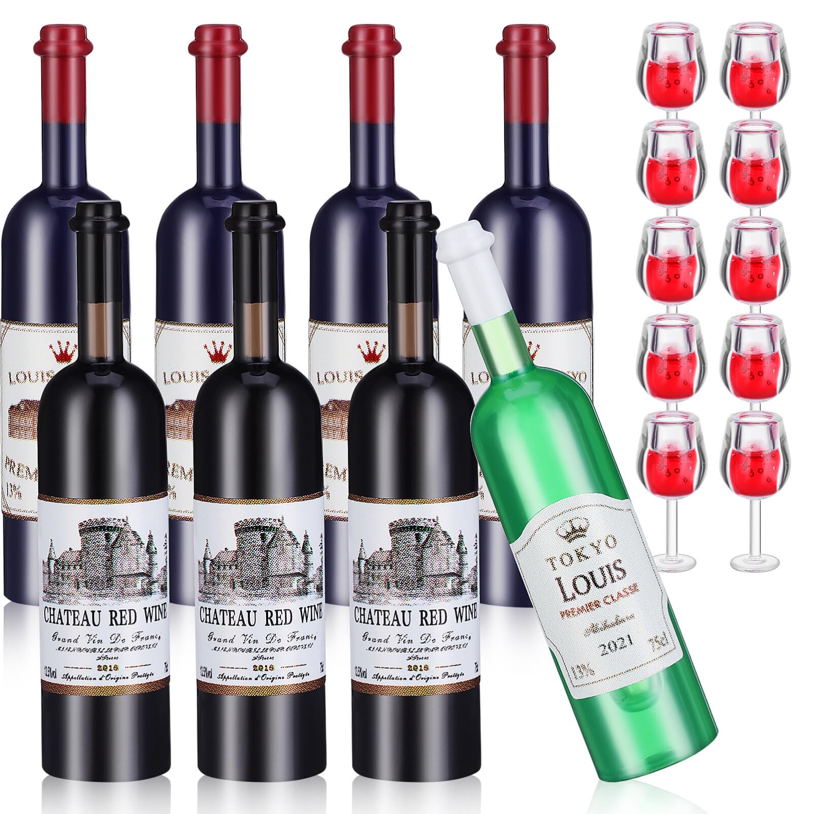 Toyvian 18Pcs Miniature Wine Glasses, Dollhouse Wine Bottles Doll House Mini Cups, 1:12 Red Bottles Drink Model Kitchen Accessories for Dollhouse Decors