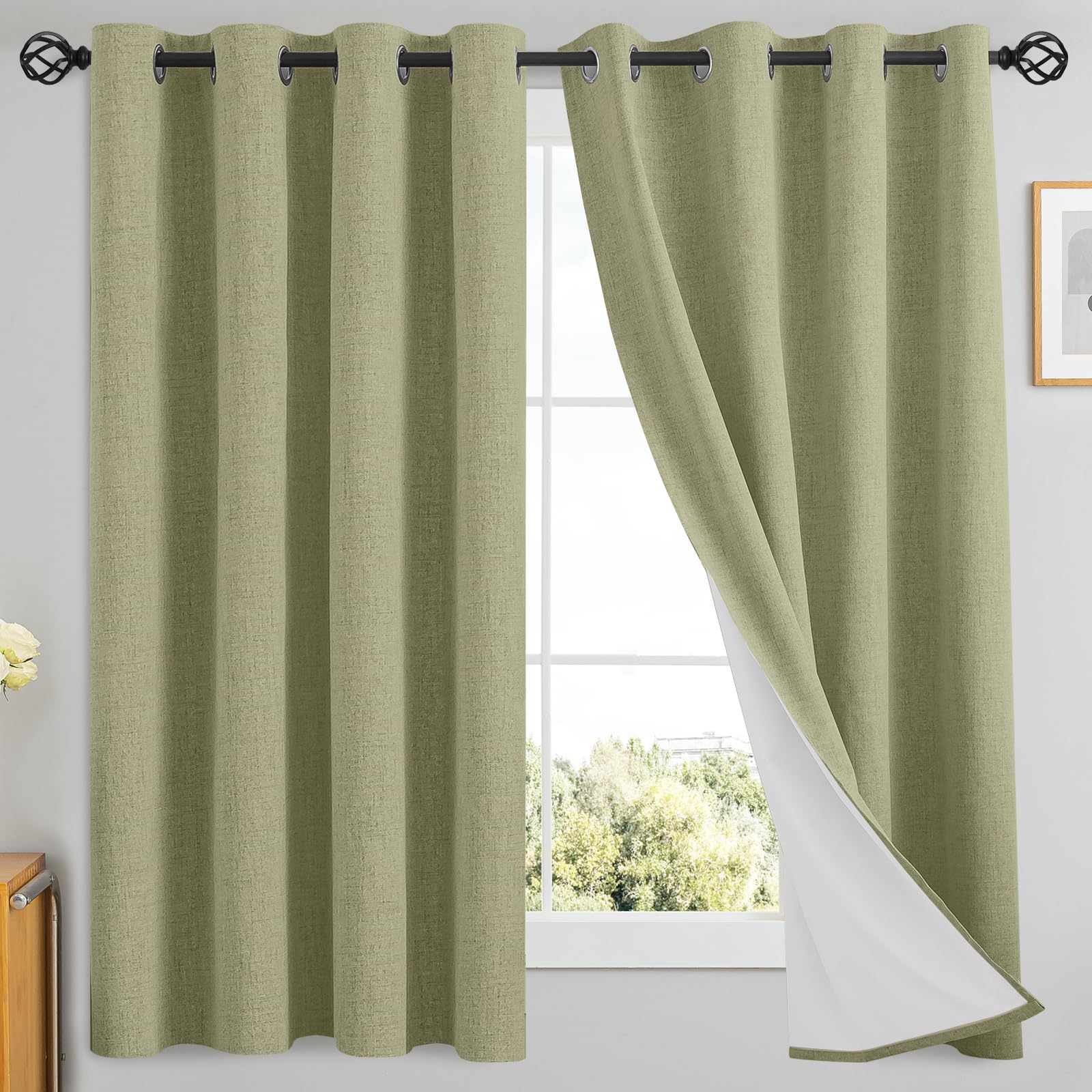 Yakamok Linen Sage Curtains 100% Blackout 63 Inches Long,Room Darkening Textured Curtains for Living Room Thermal Grommet Bedroom Curtain 2 Panels with Greyish White Liner Image