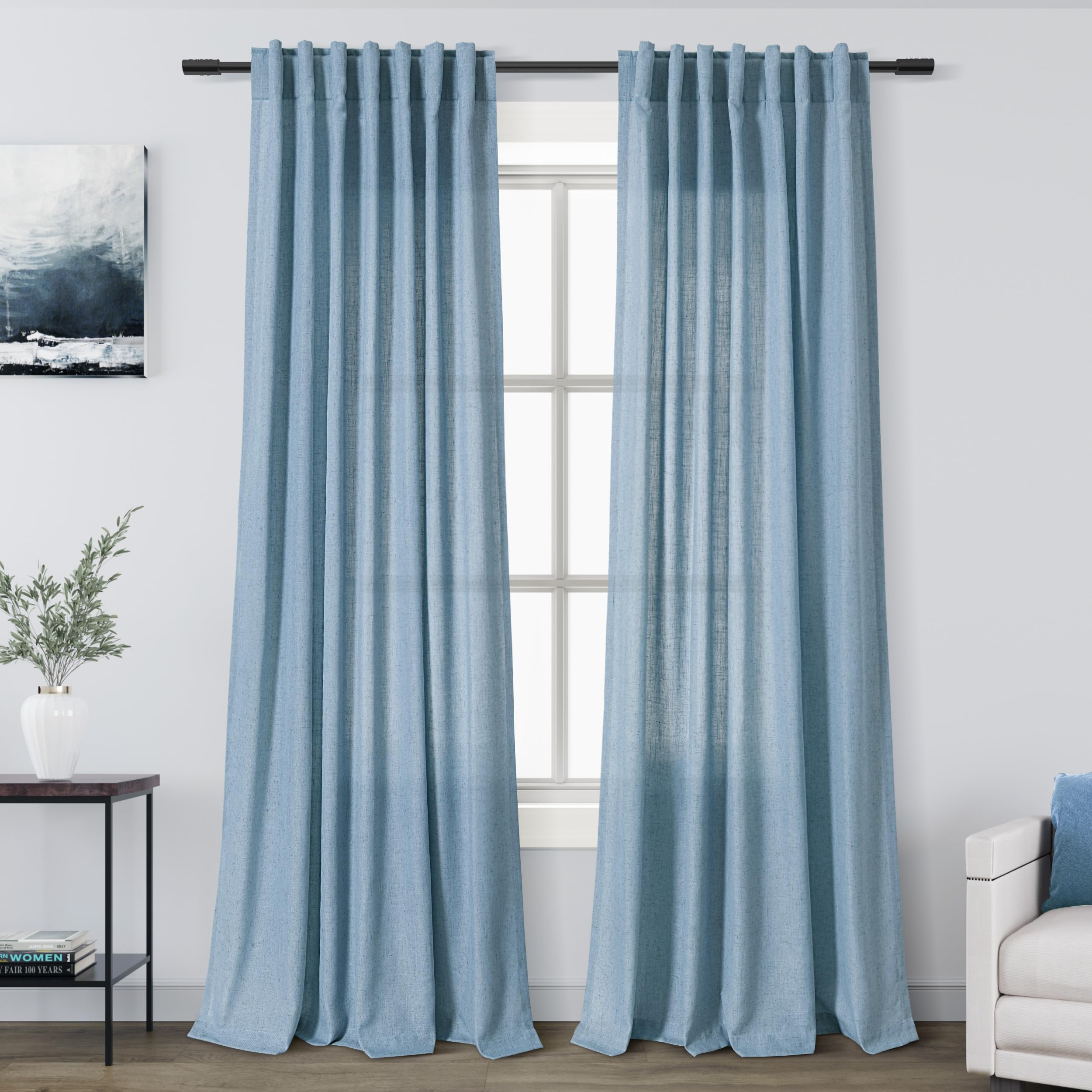 Photo 1 of Dusty Blue Linen Curtains 92 Inch Length 2 Panels Set for Living Room Back Tab Rod Pocket Pinch Pleated Window Curtain Drapes Neutral Rustic Farmhouse Decor Dining Room Curtain 92 Inches Long