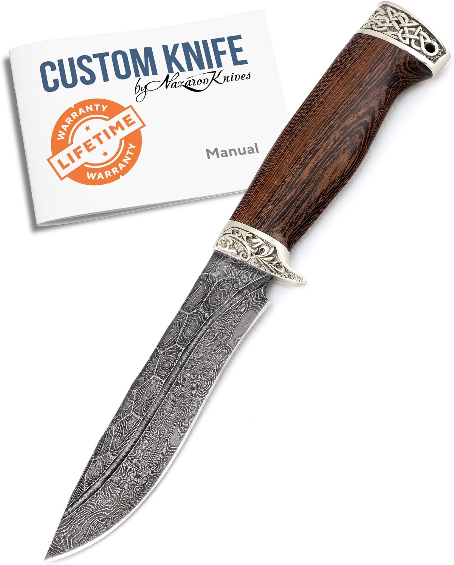 Custom Damascus Knife Varanus - Real Damascus Steel w/Stone Pattern - Wenge Wood Handle - Melchior Knife Bolster and Knife Pommel - Leather Sheath - for Hunting Carving and More