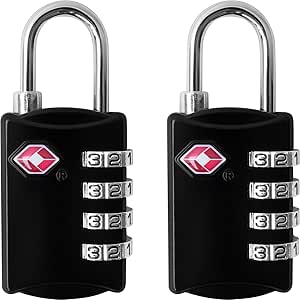 TSA Luggage Locks (2 Pack) - 4 Digit Combination Steel Padlocks - Approved Travel Lock for Suitcases &amp; Baggage - Black