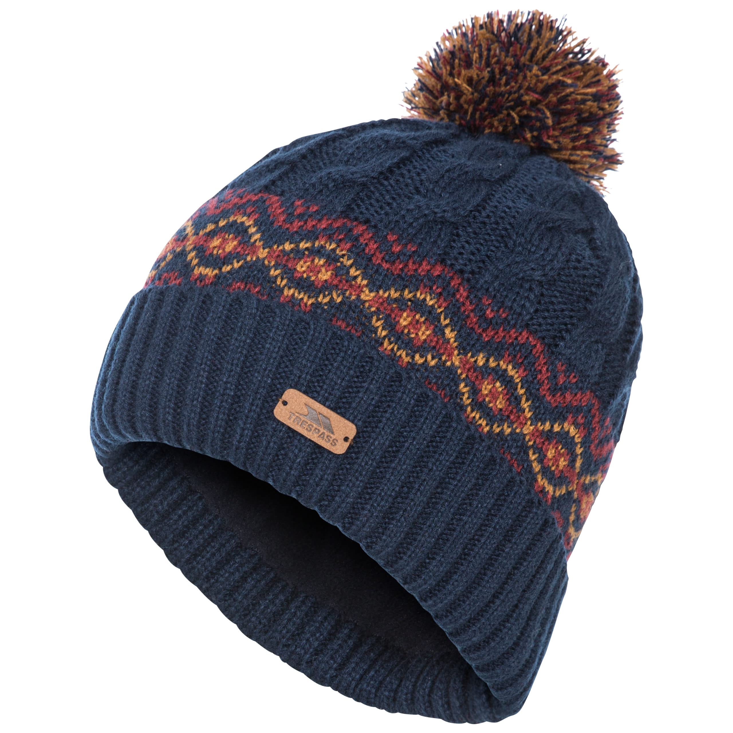 Trespass Mens Beanie Andrews-Knitted Hat with Pom Pom-Fully Fleece Lined, Leatherette Badge, 100% Polyester Lining, 100% Acrylic Outer Navy