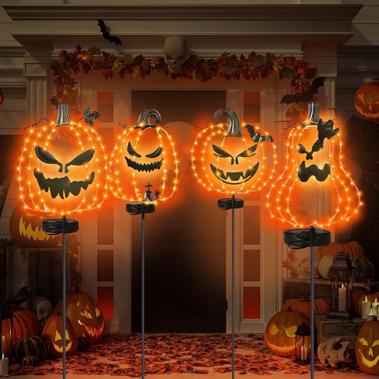 Decorative Garden Stakes - 4 Pcs Solar Halloween Metal Stakes Garden Decorations LED Solar Powered Multicolor Lighted Pumpkin Black Cat Skeleton Witch Hat Yard Sign Stakes for Outdoor Garden Lawn Yard Porch Pathway (Pumpkin)