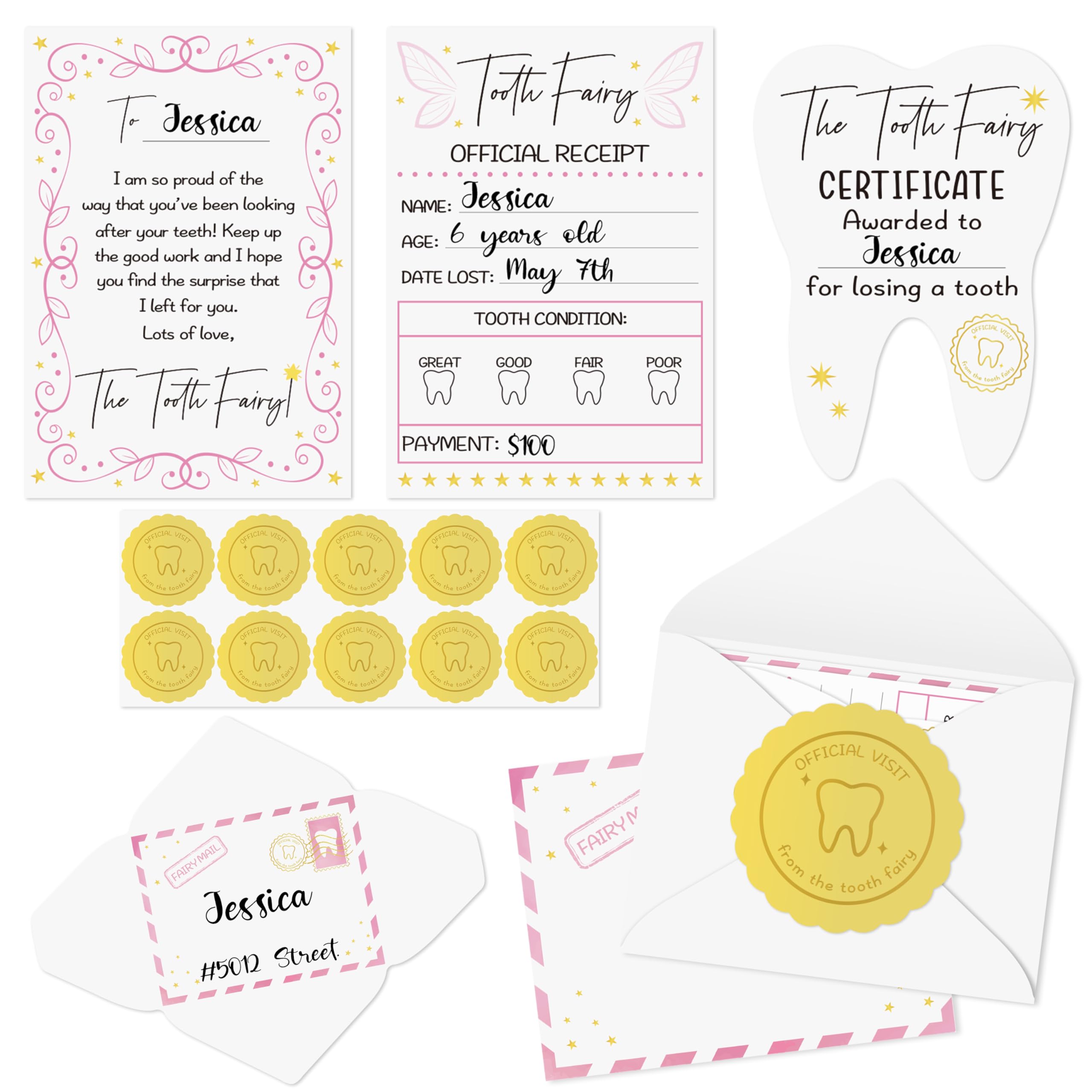 Photo 1 of Qimgic Mini Tooth Receipt Set - 20 Set Pink Tooth Cards with Envelope and Fairy Letter for Kids, Lost Teeth Certificate Keepsake Postmark Gift Bag with Seal Stickers for Girls Boys Home School Award