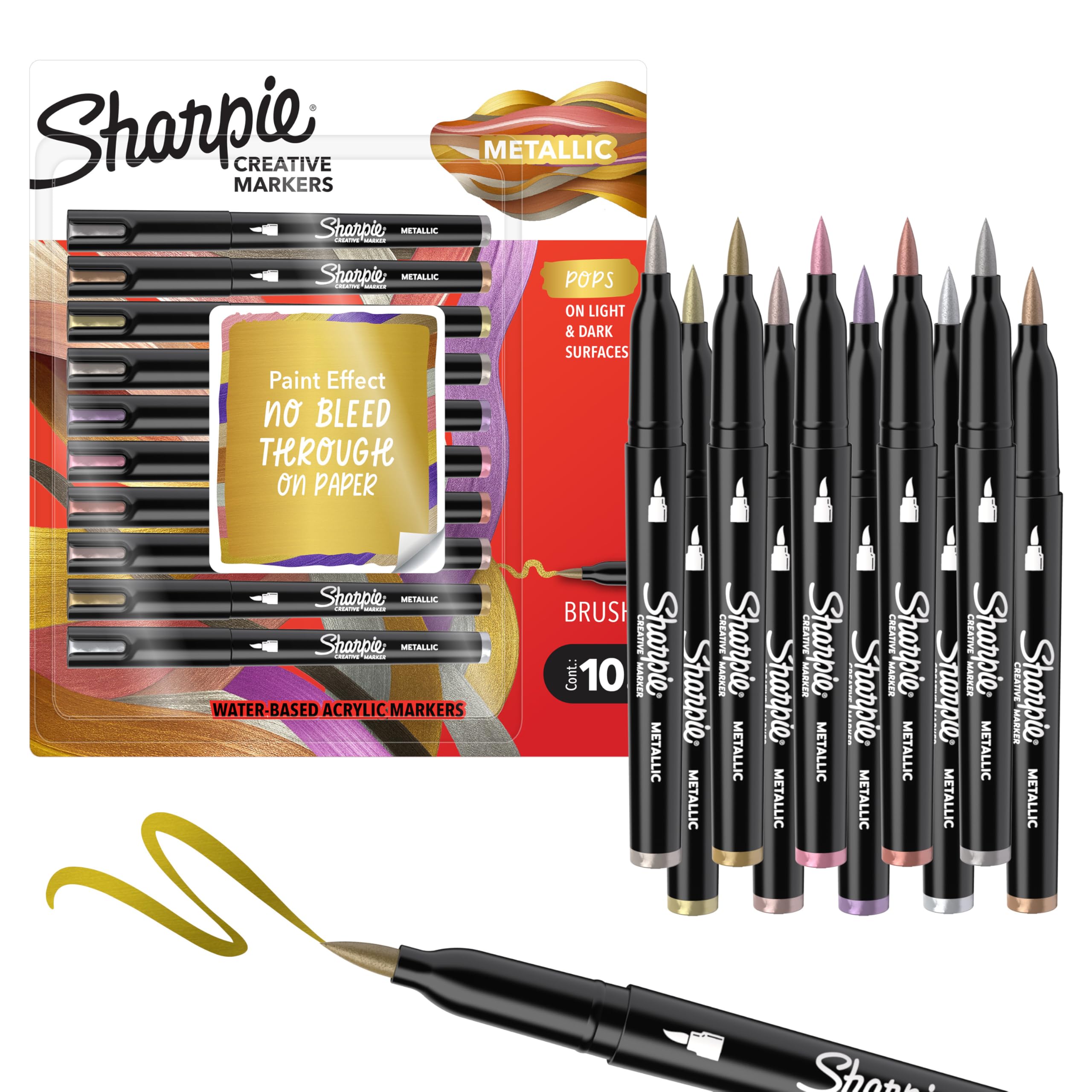 Sharpie Creative Markers, Metallic, Water-Based Acrylic, Brush Tip, Assorted, 10 Count