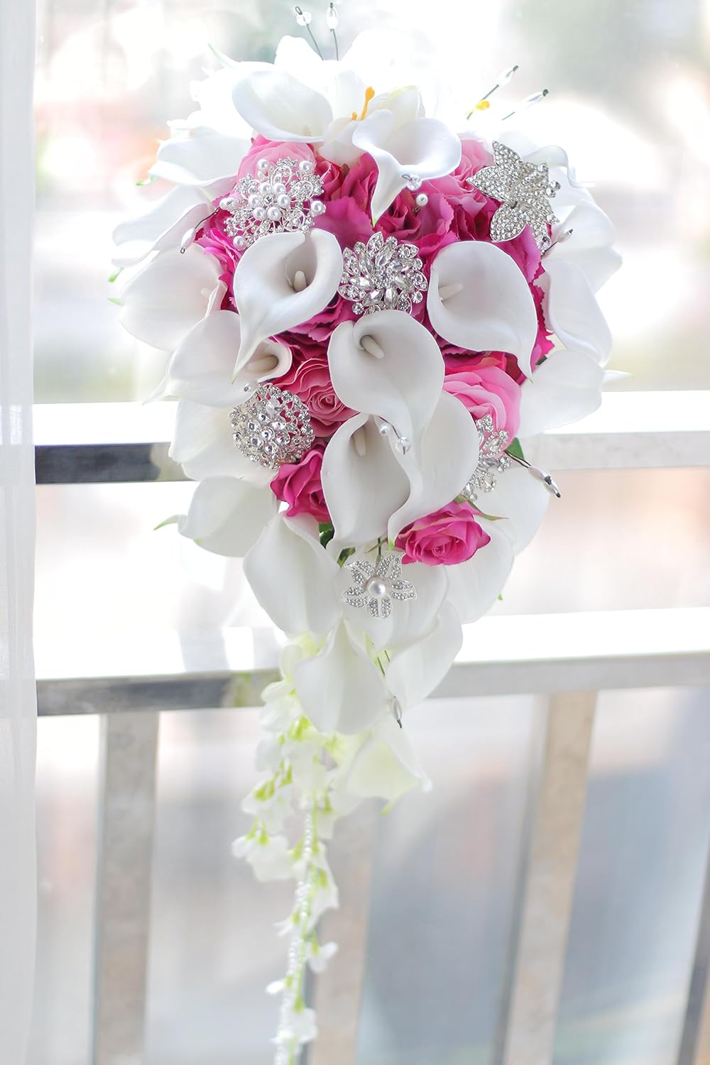 Amazon Com Iffo S New Bridal Bouquet Wedding Flowers Calla Lilies Artificial Flowers Waterfalls Water Drop Style Collection Decorations Rose Pink Kitchen Dining