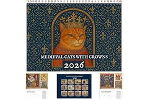 Medieval Cats with Crowns Calendar 2026, Large Medieval Crowned Cat Wall Calendar, 12 Month Mystery and Charm Calendars, Chri