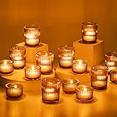 Glass Votive Tealight Candle Holder: Glasseam Amber Ribbed Tea Lights Candle Holder Bulk 24 Small Tea Candle Holder Fall Candle Holders for Table Centerpiece Thanksgiving Christmas Wedding Decor