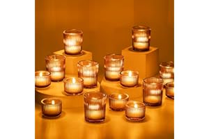Glasseam Amber Tealight Candle Holders: 24pcs Ribbed Small Votive Holders Bulk for Thanksgiving Table Centerpiece Fall Wedding Christmas Decor