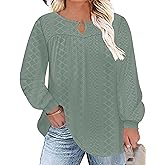 TFSDOD Women Plus Size Tops Long Sleeve Shirts V Neck Pleated Keyhole Blouse Loose Work Tunic Tee 1X-5X
