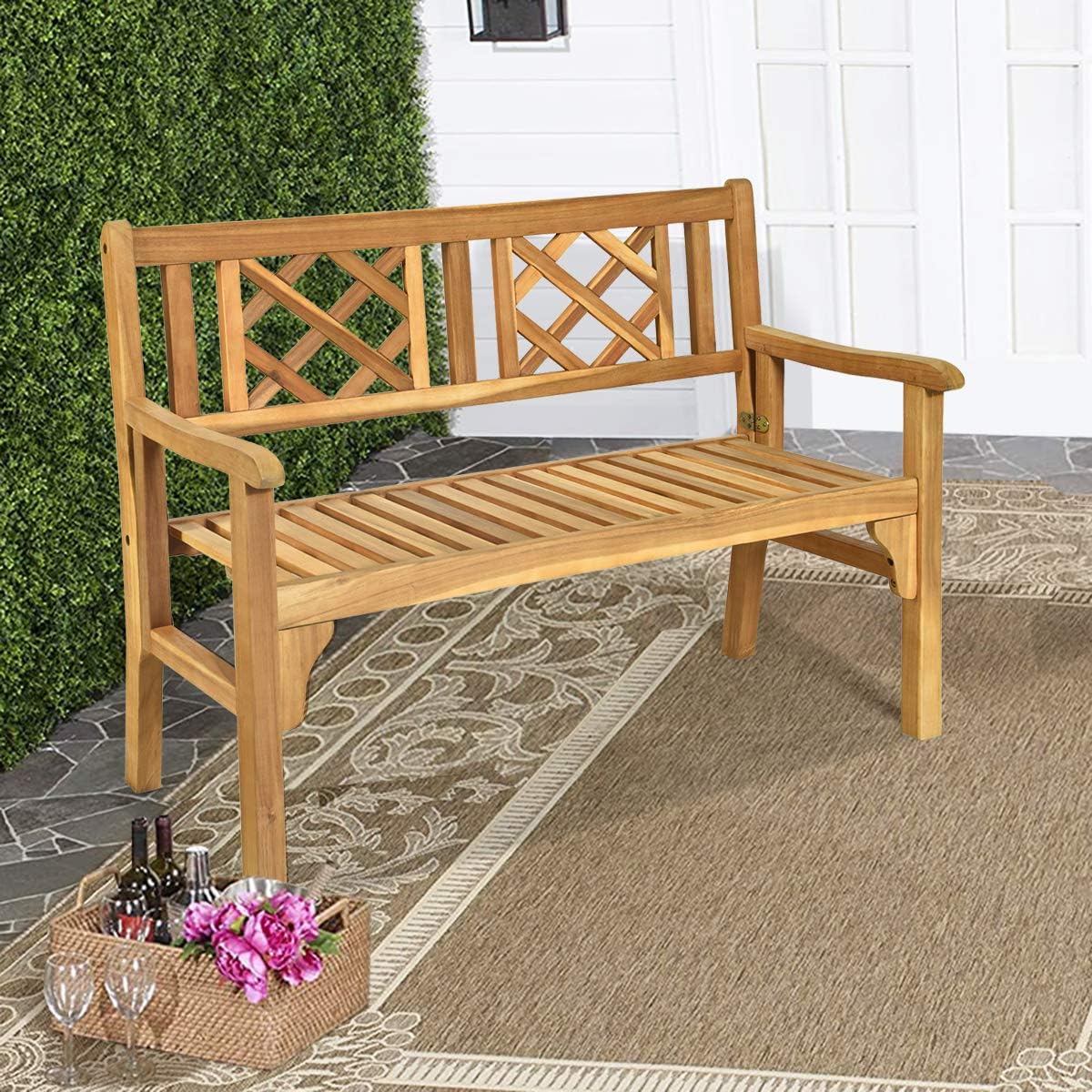 Giantex Patio Wooden Bench, 4 Ft Foldable Acacia Garden Bench, Two Person Loveseat Chair Solid with Curved Backrest and Armrest Ideal for Patio, Porch or Balcony (Teak): Kitchen & Dining